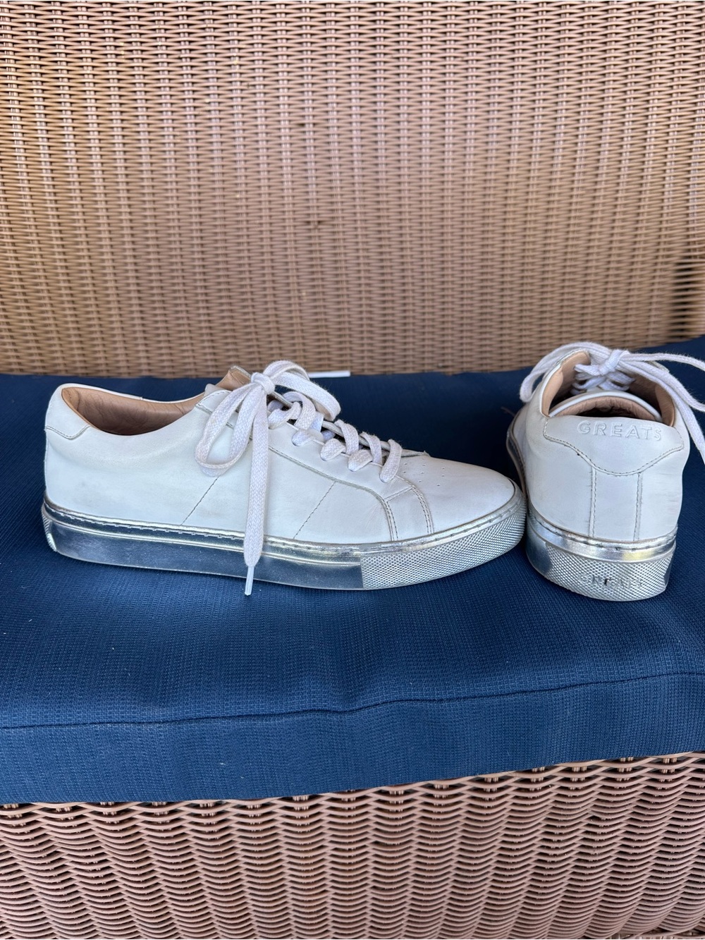 Greats Brooklyn Off-White Leather Platform Sneakers with Metallic Sole Trim.